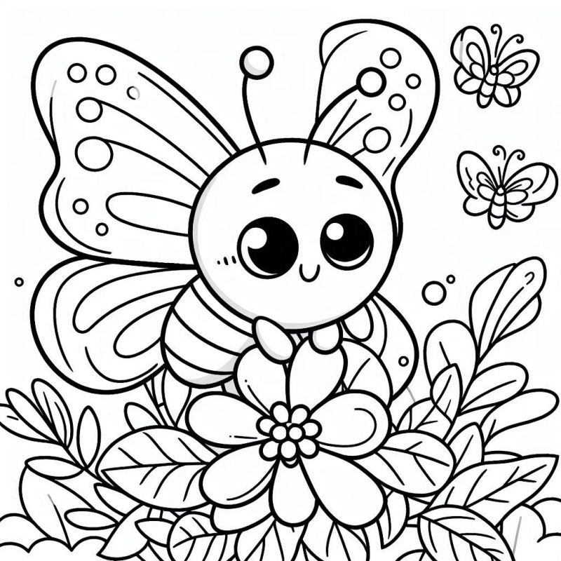 Desenho de uma borboleta simpática pousada em uma flor para colorir