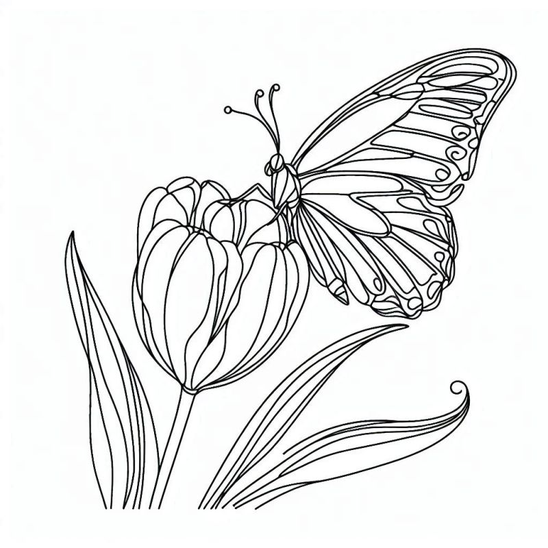 Desenho realista de borboleta interagindo com tulipa para colorir