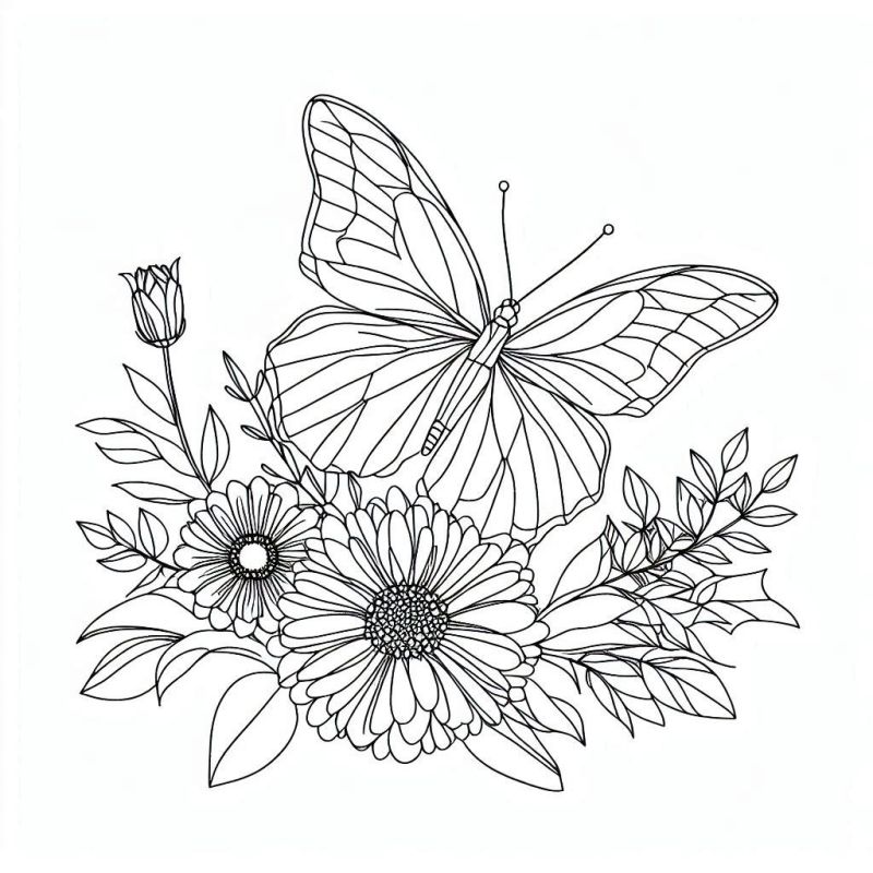 Desenho realista de borboleta com flores para colorir