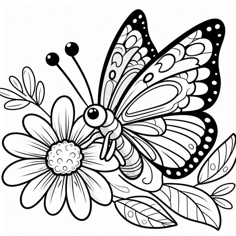 Desenho Intricado de Borboleta Pousada Sobre Flor para Colorir