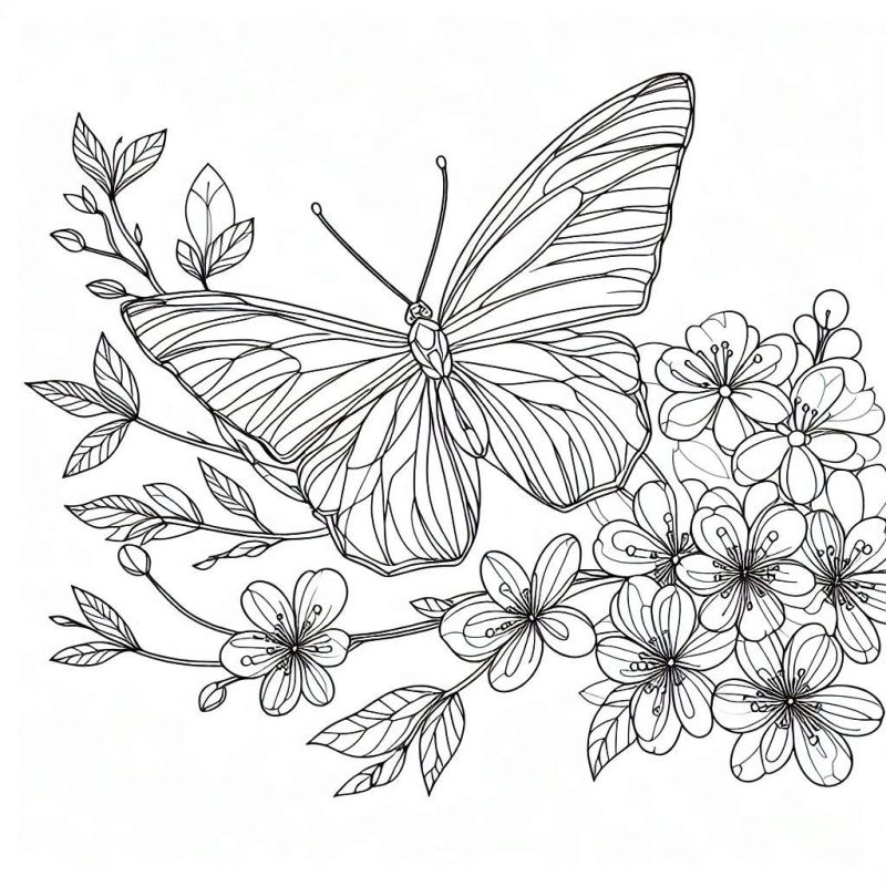 Desenho de borboleta realista com flores detalhadas para colorir