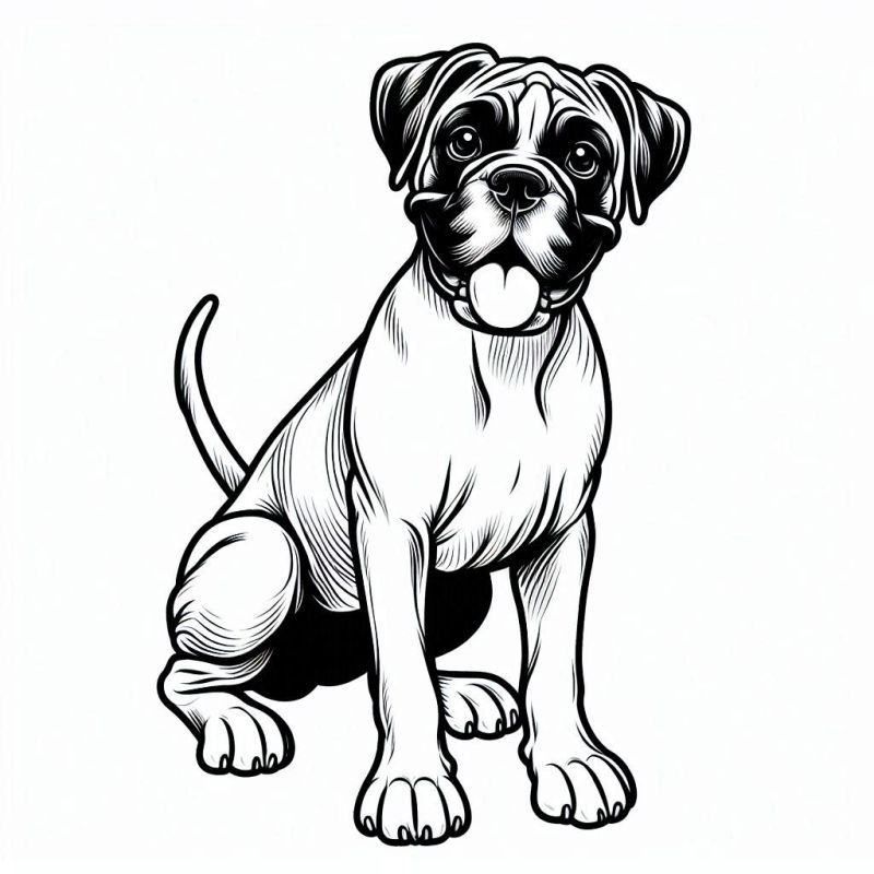 Desenho para colorir de um cão Boxer sentado, alegre e com a língua para fora.