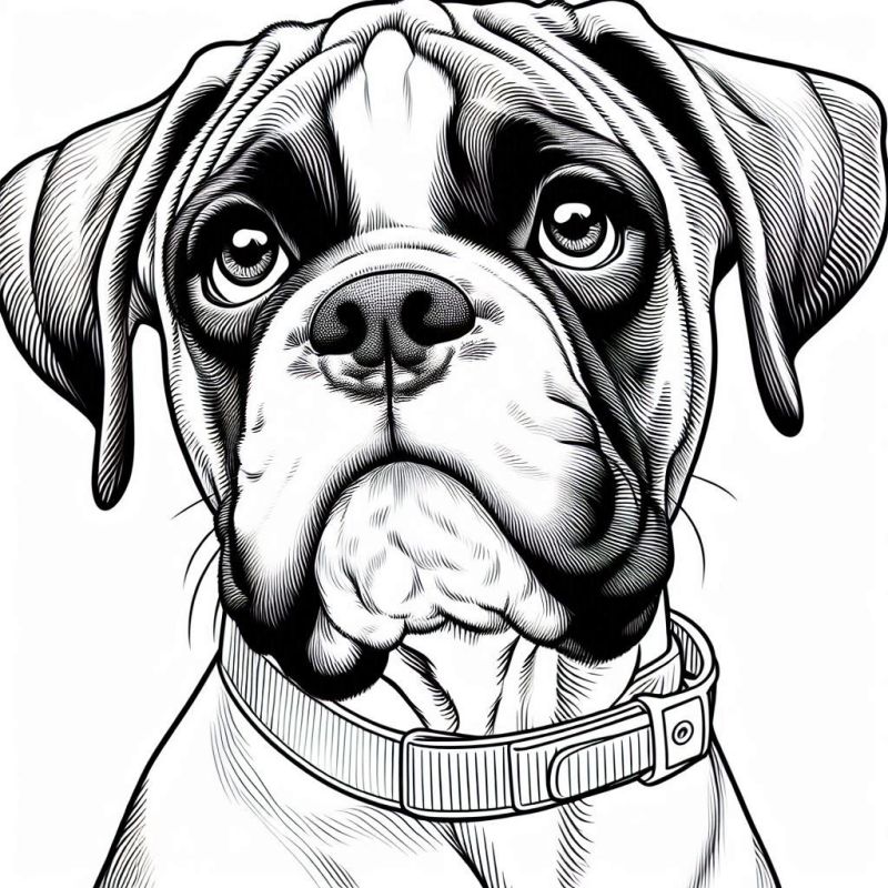 Desenho detalhado de um cachorro Boxer para colorir, ideal para criatividade