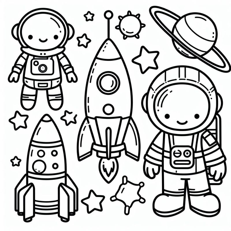 Astronautas e Foguetes: Um Desenho Espacial para Colorir