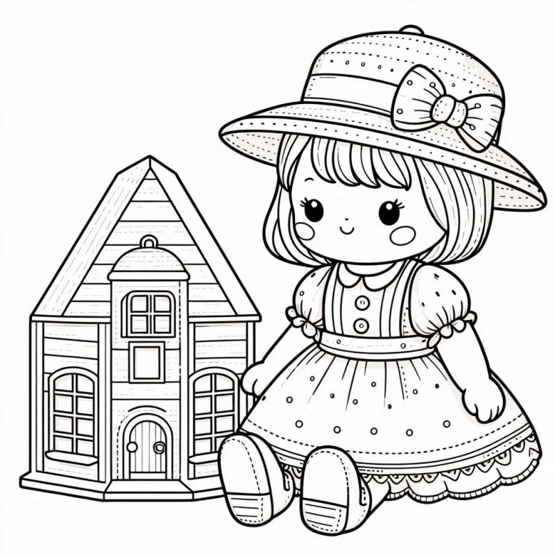 Desenho de Boneca e Casinha de Brinquedo para Colorir