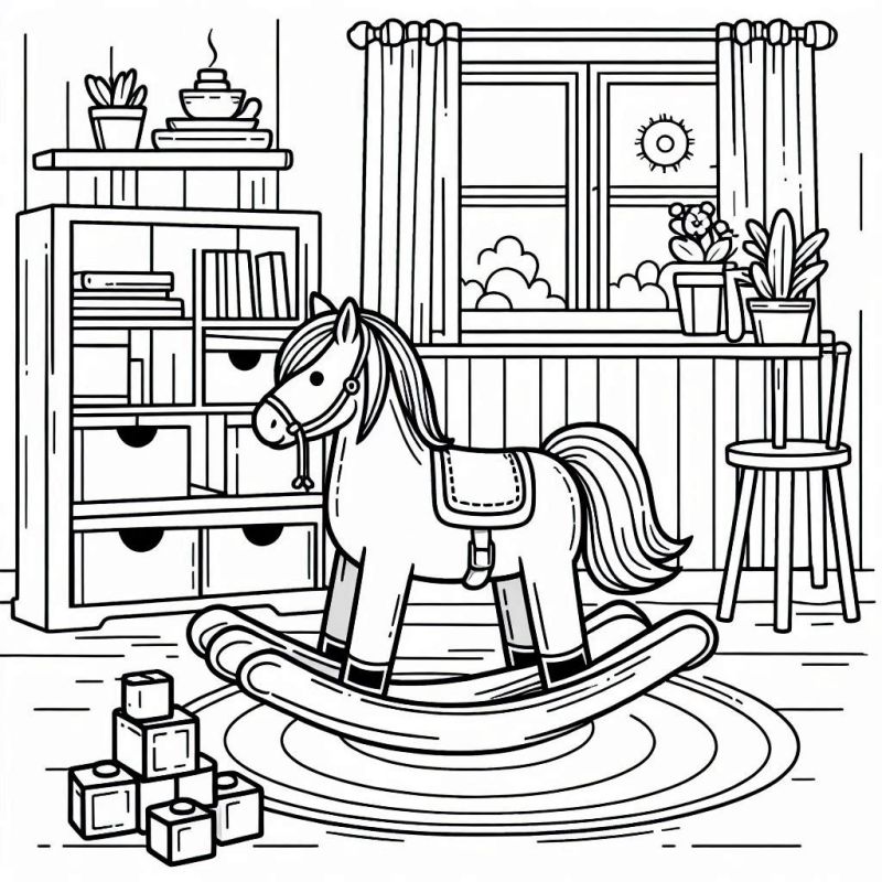 Desenho de Quarto de Brincar com Cavalo de Balanço para Colorir