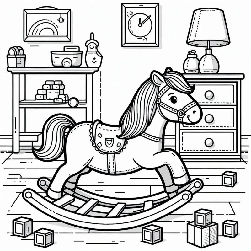 Desenho de Cavalo de Balanço em Quarto Infantil para Colorir