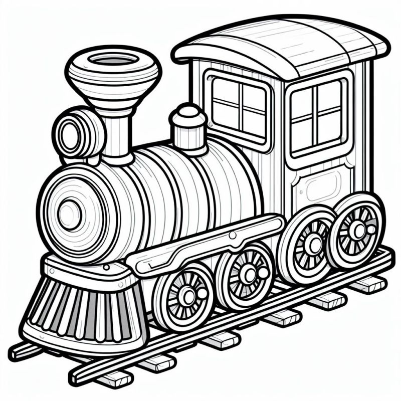 Desenho de locomotiva antiga estilizada para colorir, mostrando detalhes como rodas, cabine e lanterna, pronto para download e pintura.