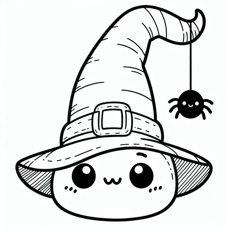 Desenho fofo de bruxa com chapéu e aranha para colorir - Halloween