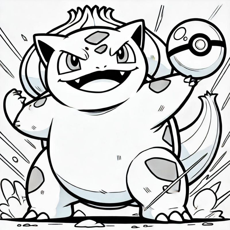 Desenho do Pokémon Bulbasaur para colorir, exibindo ação e dinamismo