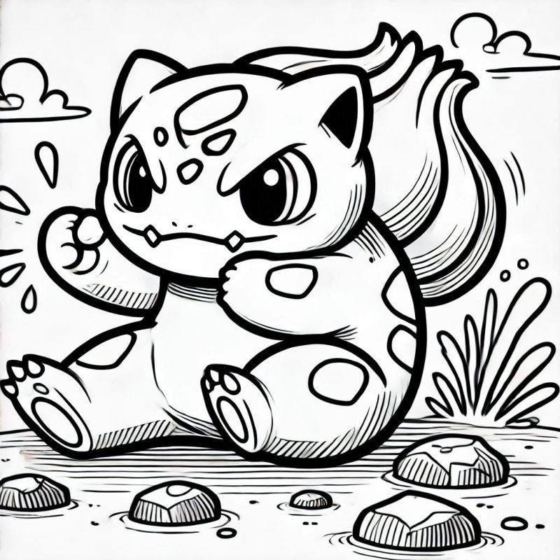 Desenho de Bulbasaur sentado pronto para colorir com cenário de pedras e grama