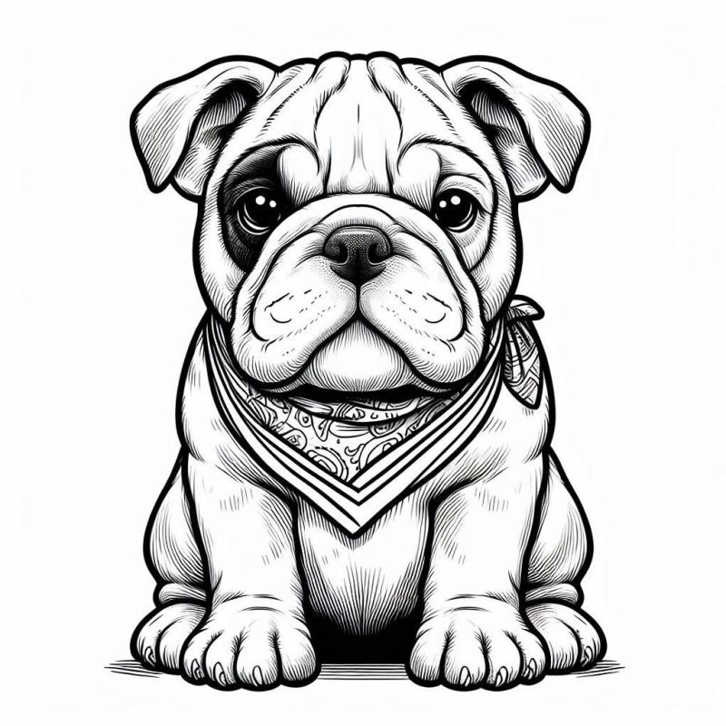 Desenho de filhote de buldogue sentado com lenço para colorir