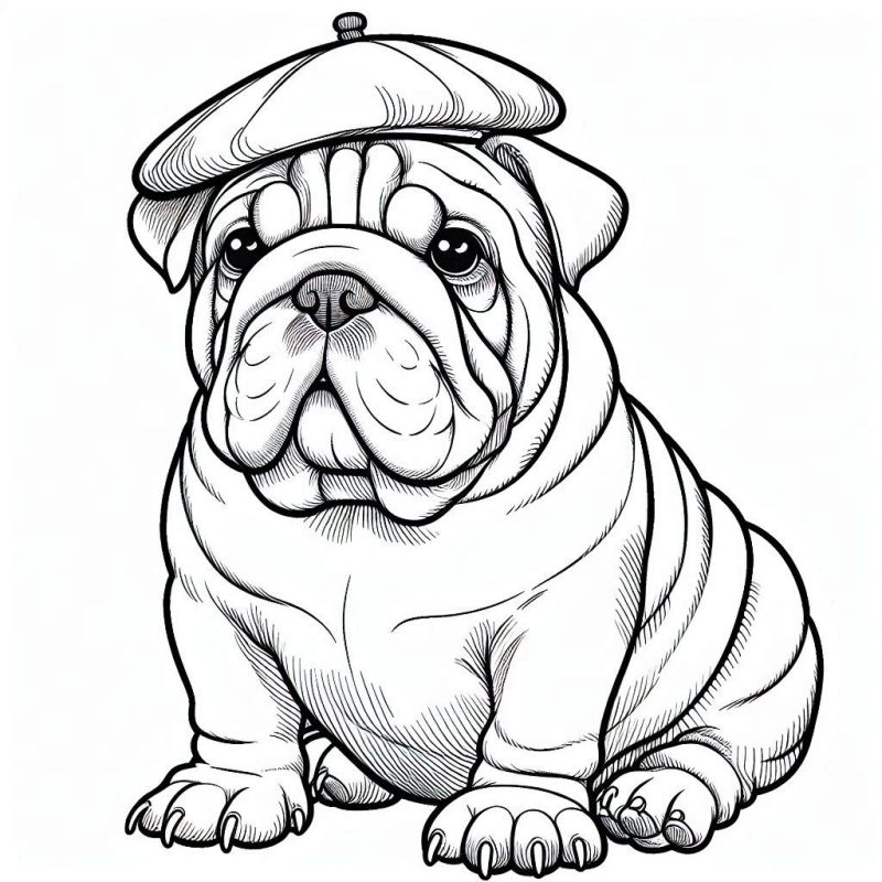 Desenho de buldogue com boina para colorir