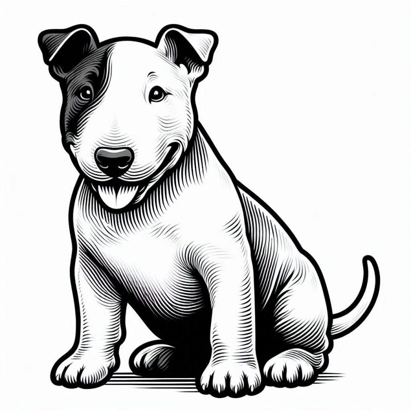 Desenho em preto e branco de um Bull Terrier com traços artísticos, ideal para colorir