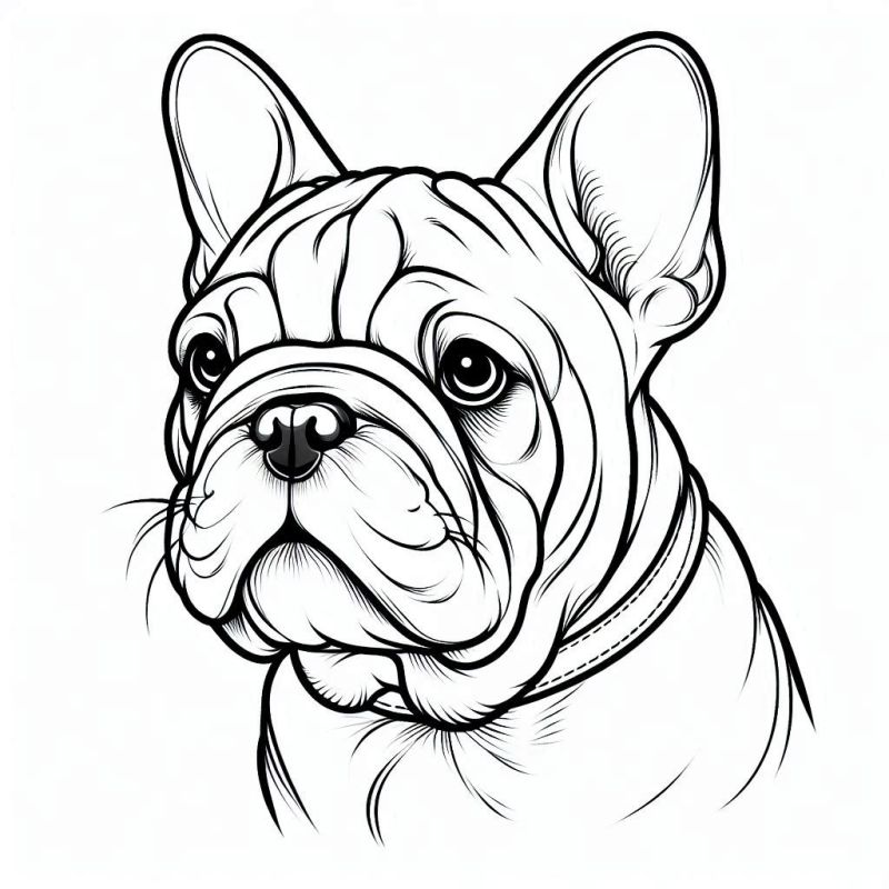 Desenho detalhado de um Bulldog Francês em preto e branco para colorir