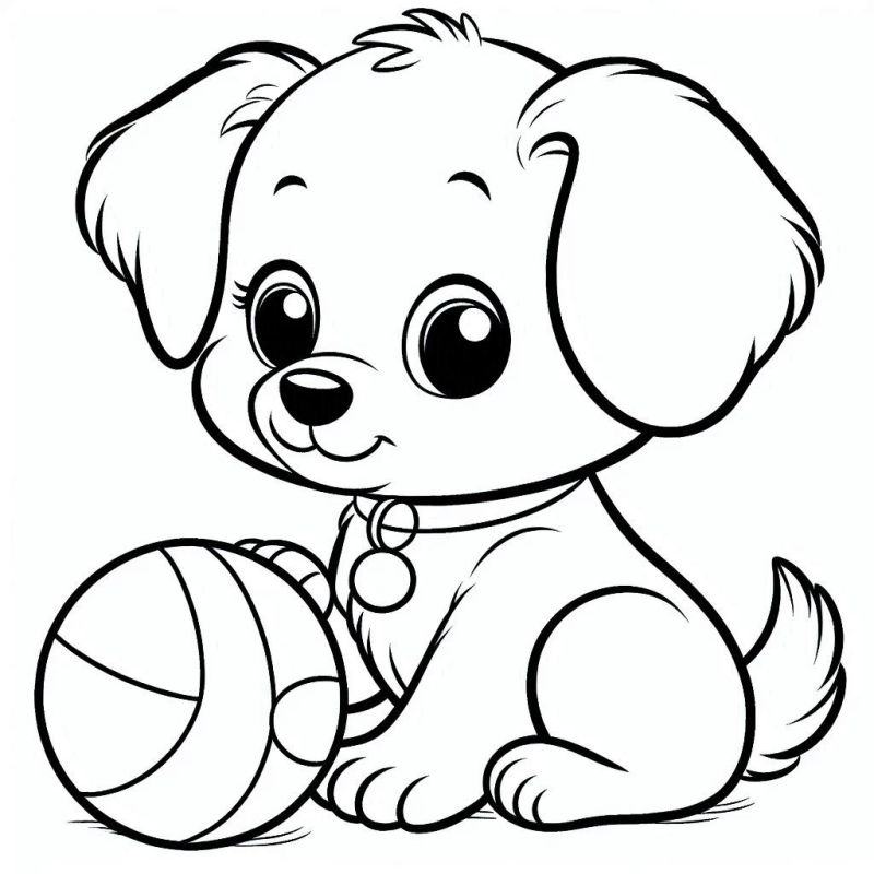 Desenho de cachorrinho fofo para colorir sentado com uma bola