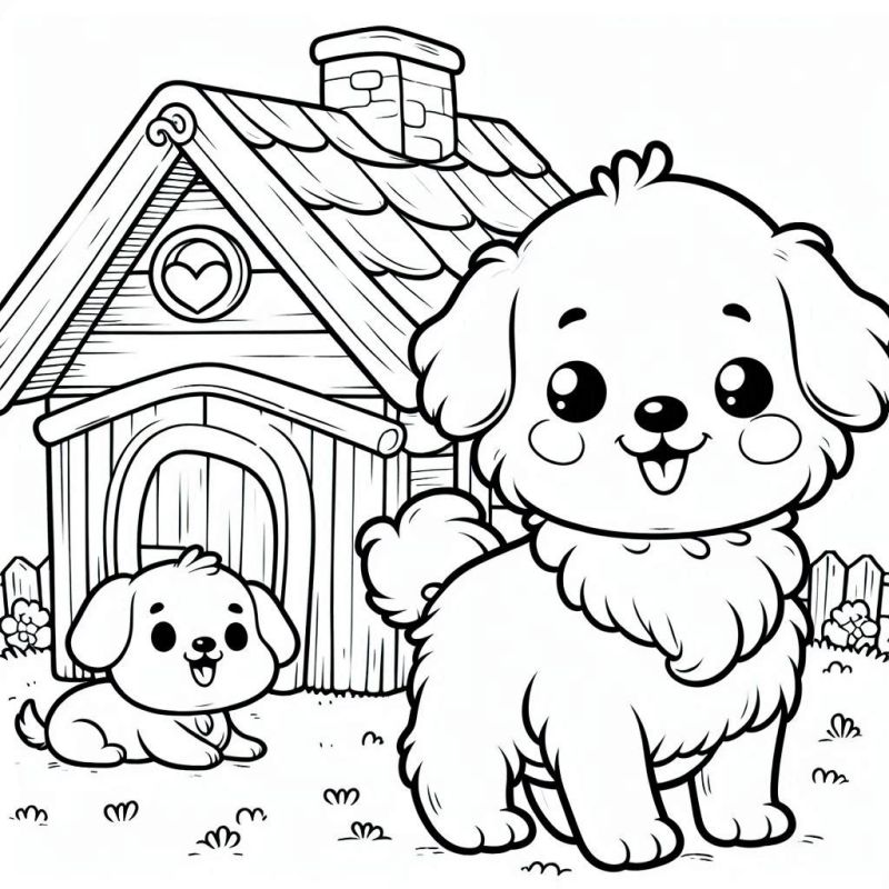 Desenho de dois filhotes de cachorro em um quintal para colorir