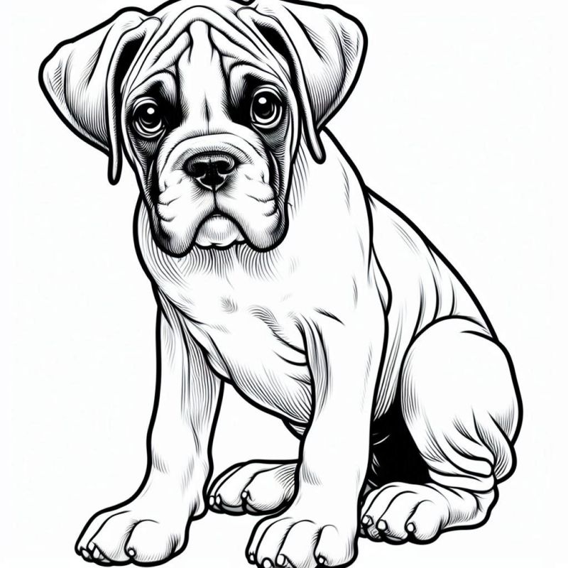 Desenho em preto e branco de filhote de cão Boxer para colorir