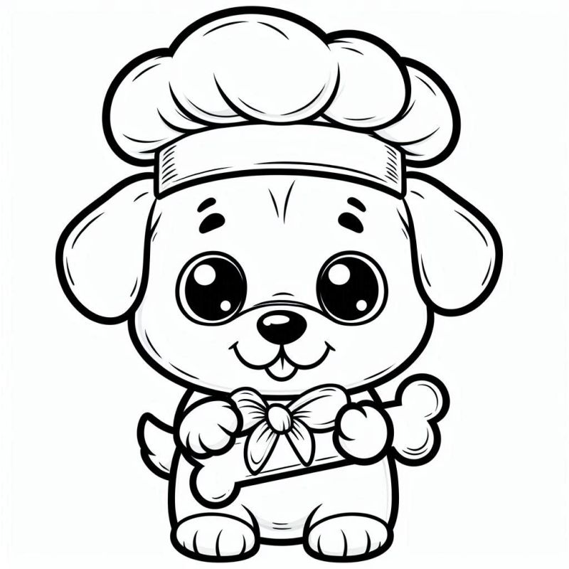 Cachorro Kawaii com Chapéu de Chef e Osso para Colorir