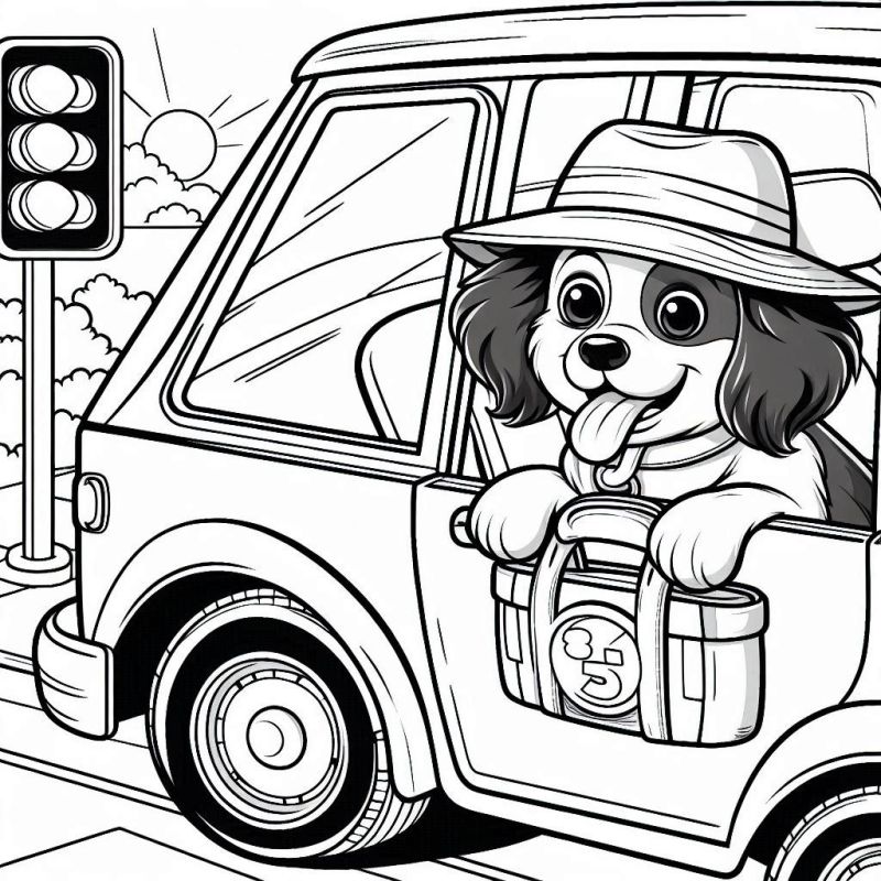 Desenho de Cachorro Feliz na Janela da Van para Colorir