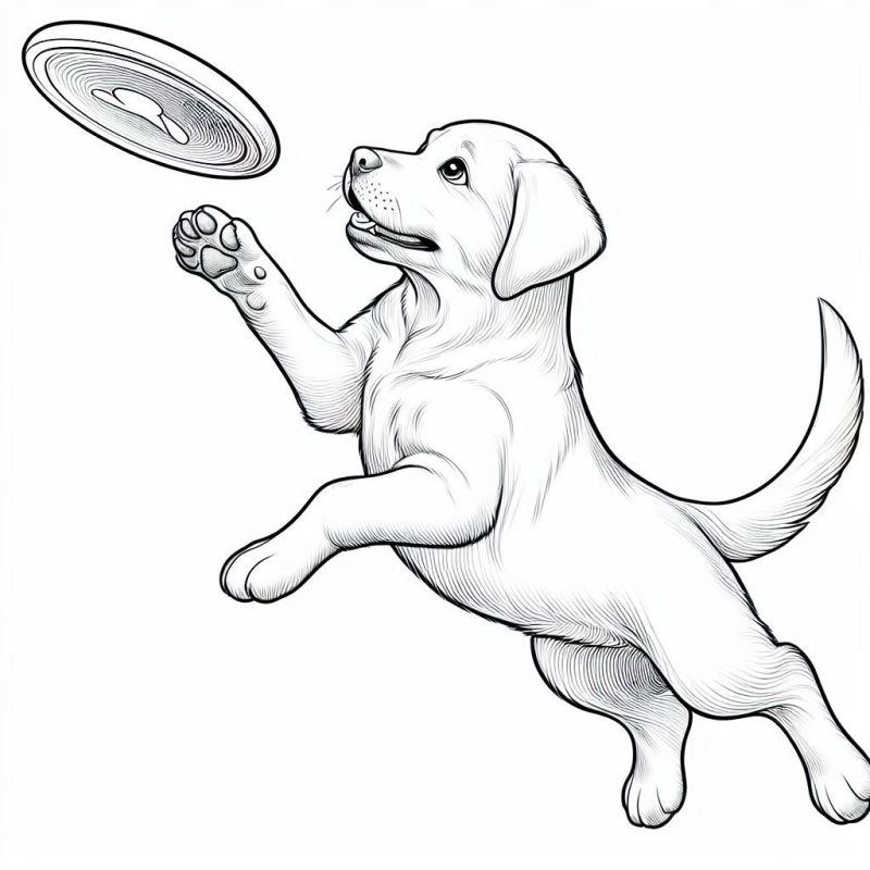 Desenho de Cachorro Pulando para Pegar um Frisbee