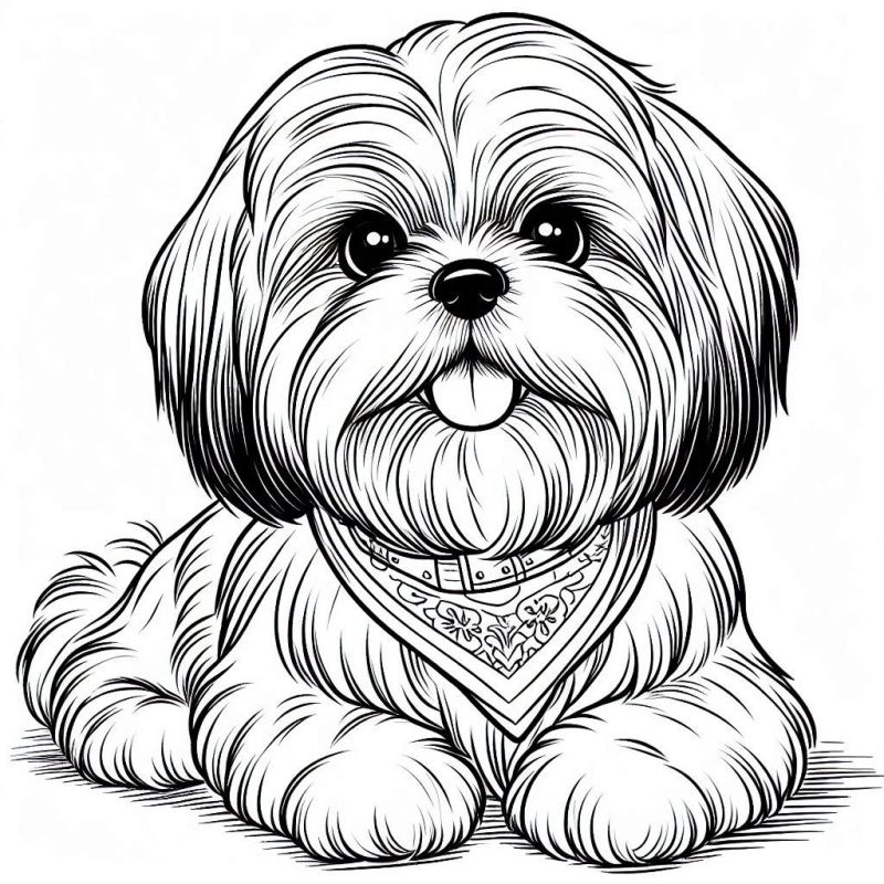 Desenho para colorir de um cachorro fofo da raça Shih Tzu, deitado com um lenço no pescoço.