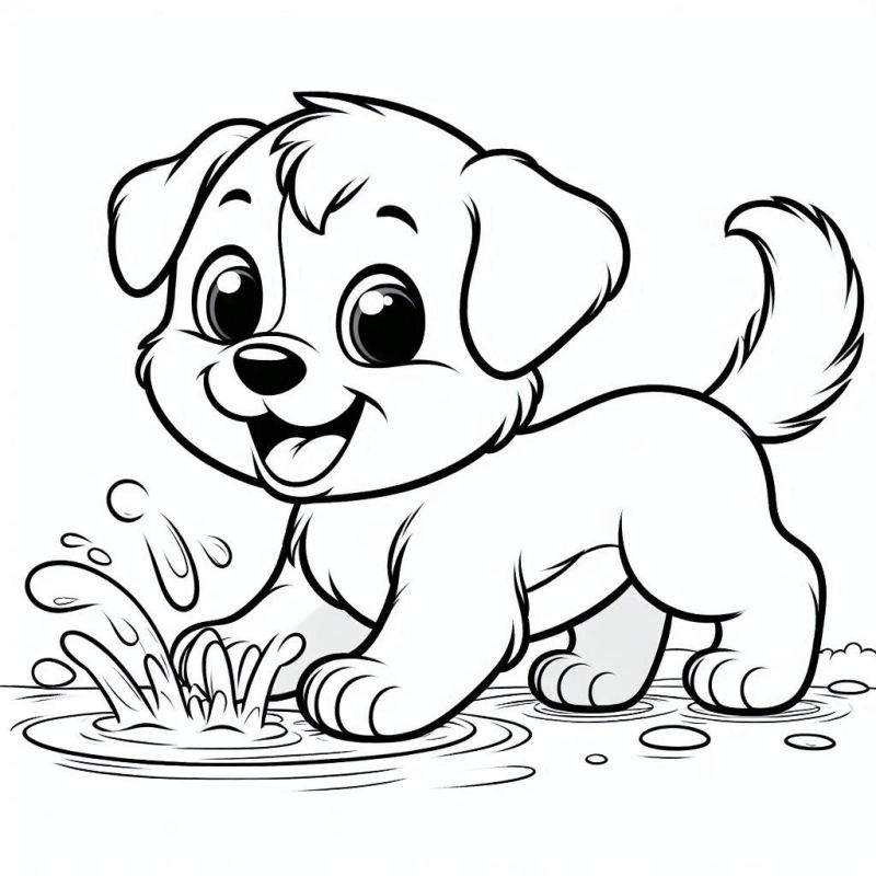 Desenho de Cachorrinho Feliz Brincando em uma Poça de Água