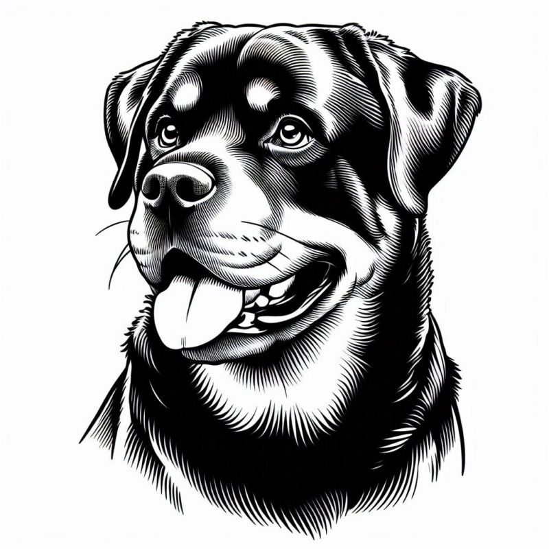 Desenho detalhado de Rottweiler amigável para colorir, com expressão relaxada e detalhamento cuidadoso.