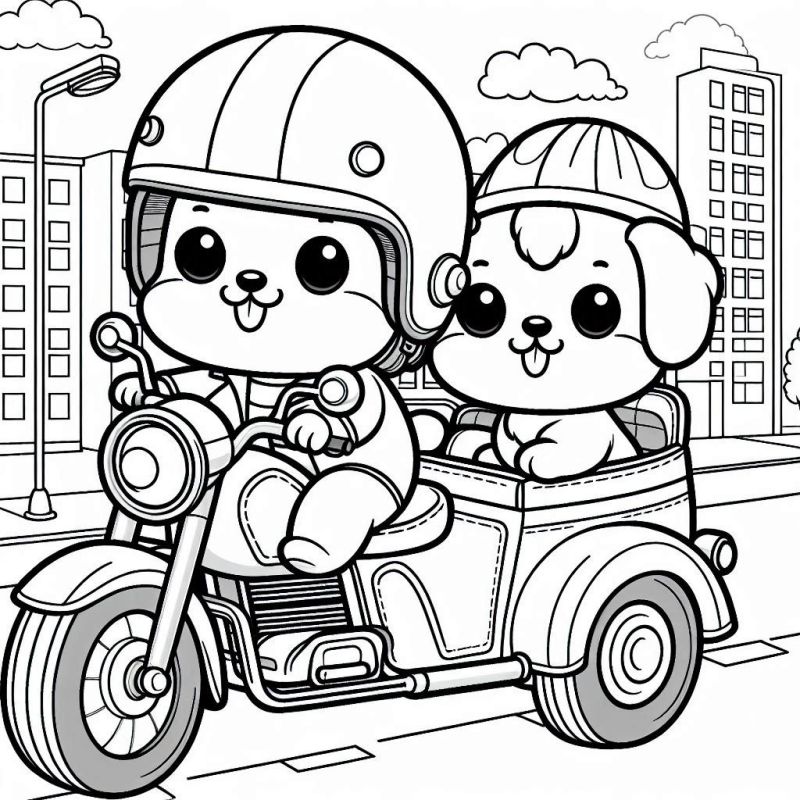 Desenho de Cachorros no Triciclo Motorizado para Colorir