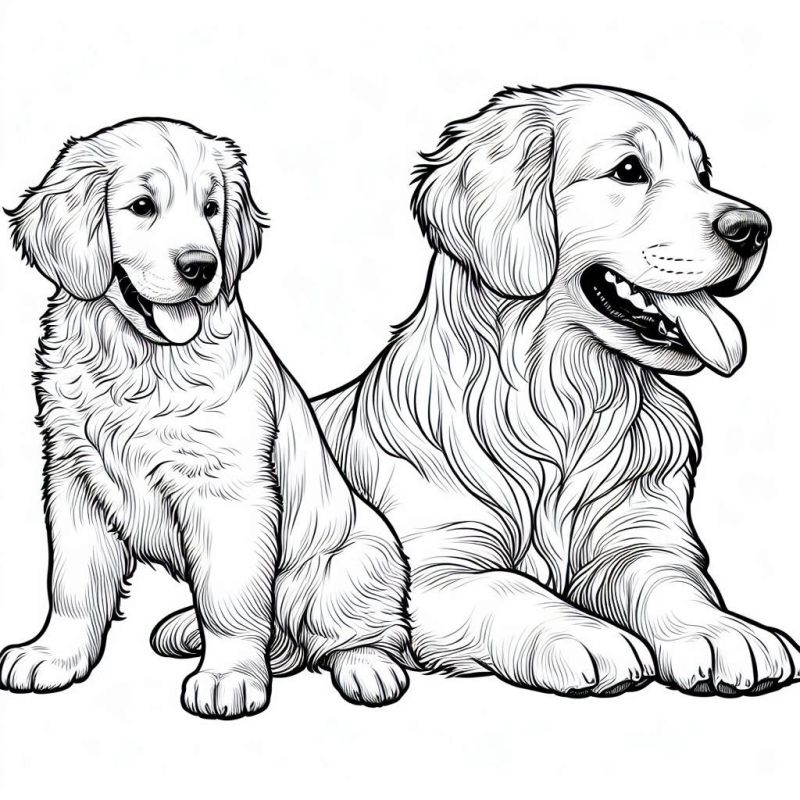 Dois Golden Retrievers relaxando, um filhote e um adulto, prontos para serem coloridos.