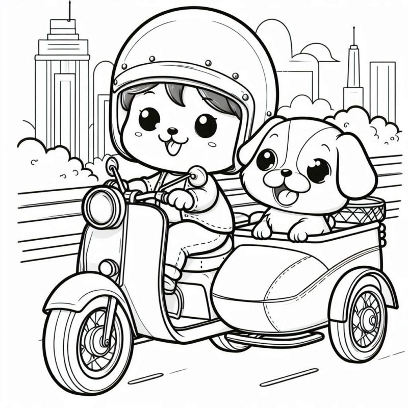 Desenho preto e branco de dois cachorros em uma motocicleta, prontos para colorir