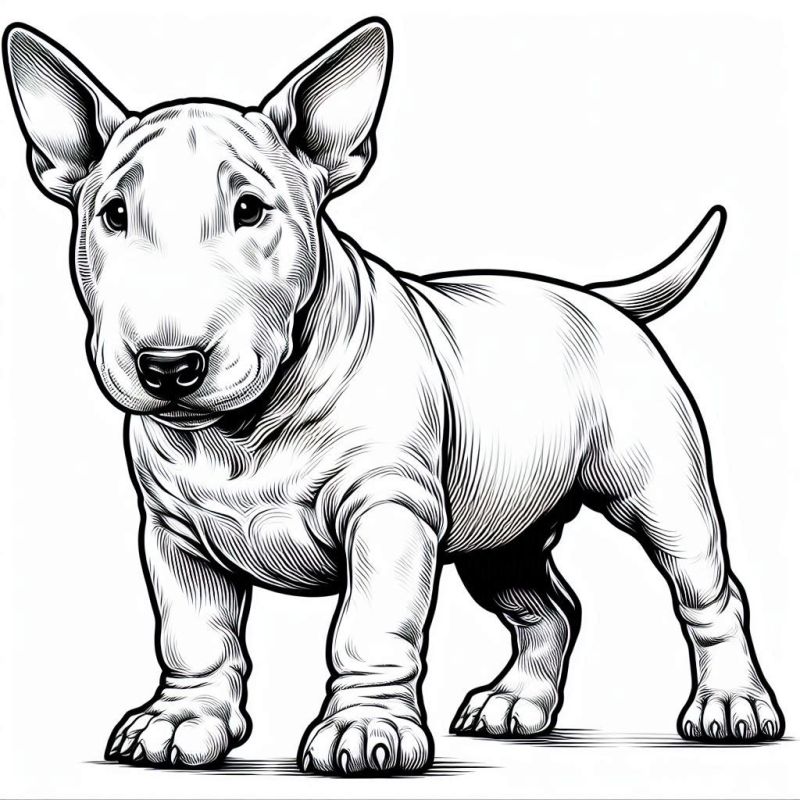 Desenho em preto e branco de um Bull Terrier robusto e musculoso para colorir