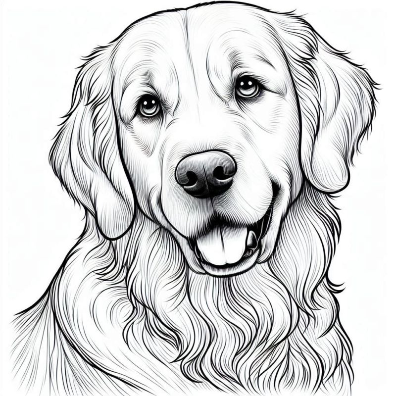 Desenho de cachorro Golden Retriever com expressão amigável para colorir