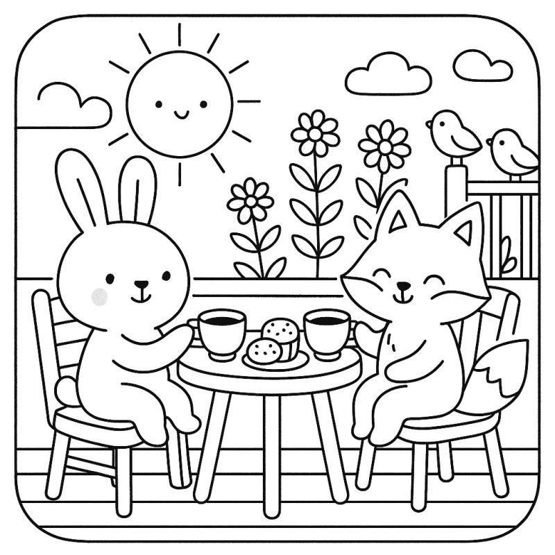 Desenho de Coelho e Raposa Tomando Café no Jardim para Colorir