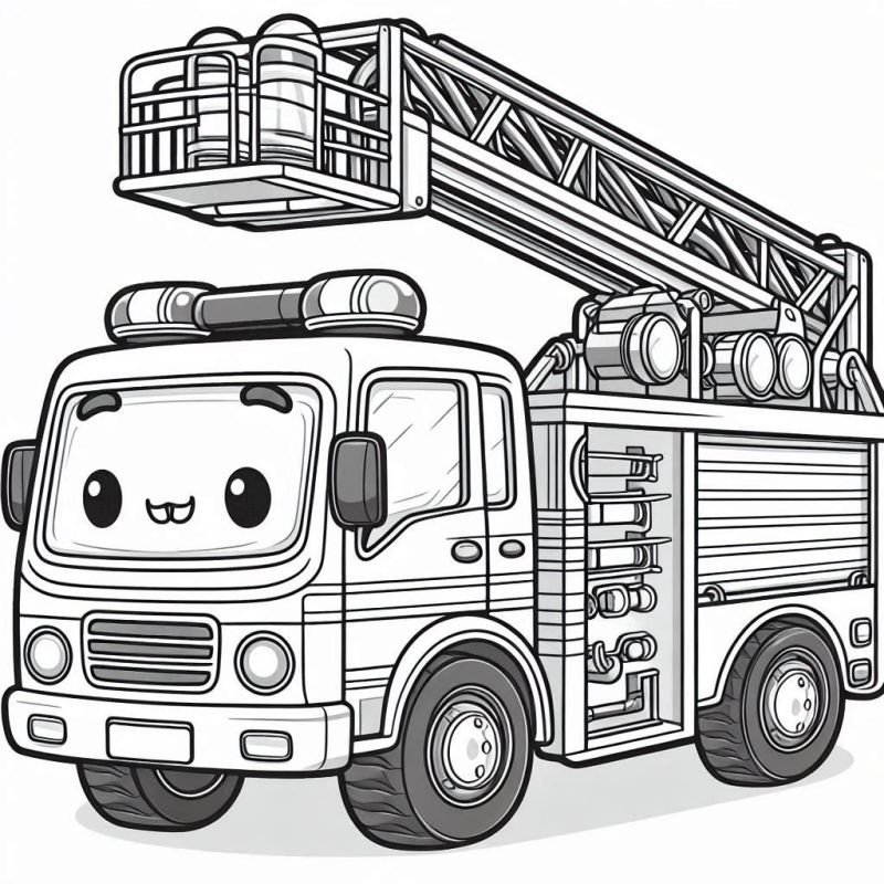 Desenho de caminhão de bombeiros fofo e estilizado para colorir