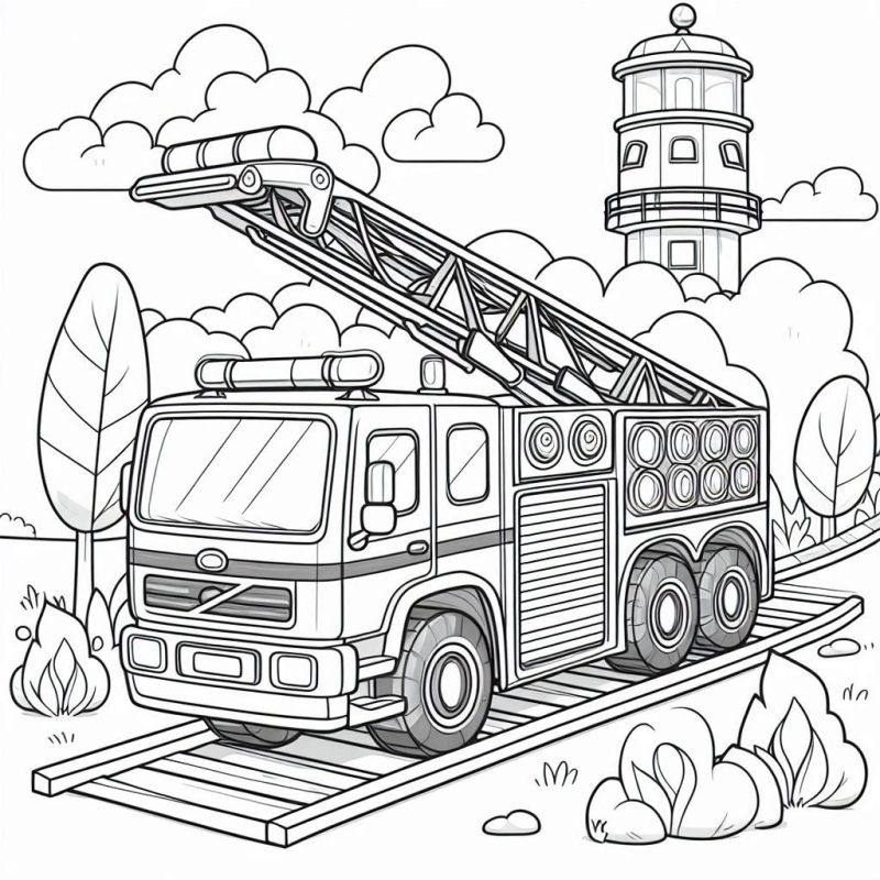 Desenho de Caminhão de Bombeiros ao Ar Livre para Colorir