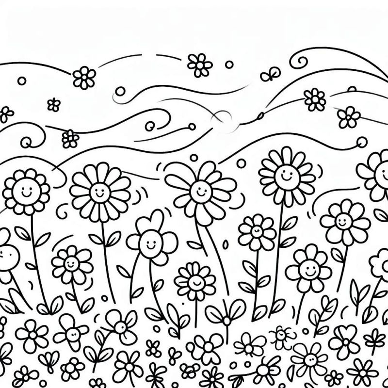 Desenho de Campo com Flores Sorridentes para Colorir