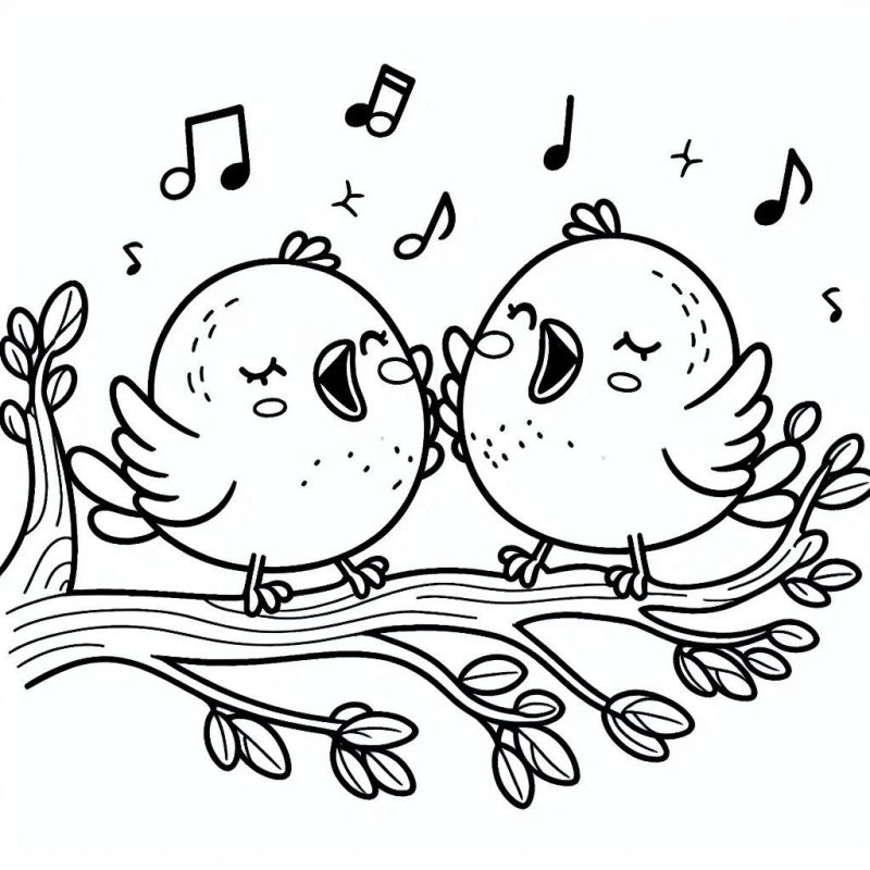 Dois pintinhos cantores em um galho, desenho fofo para colorir