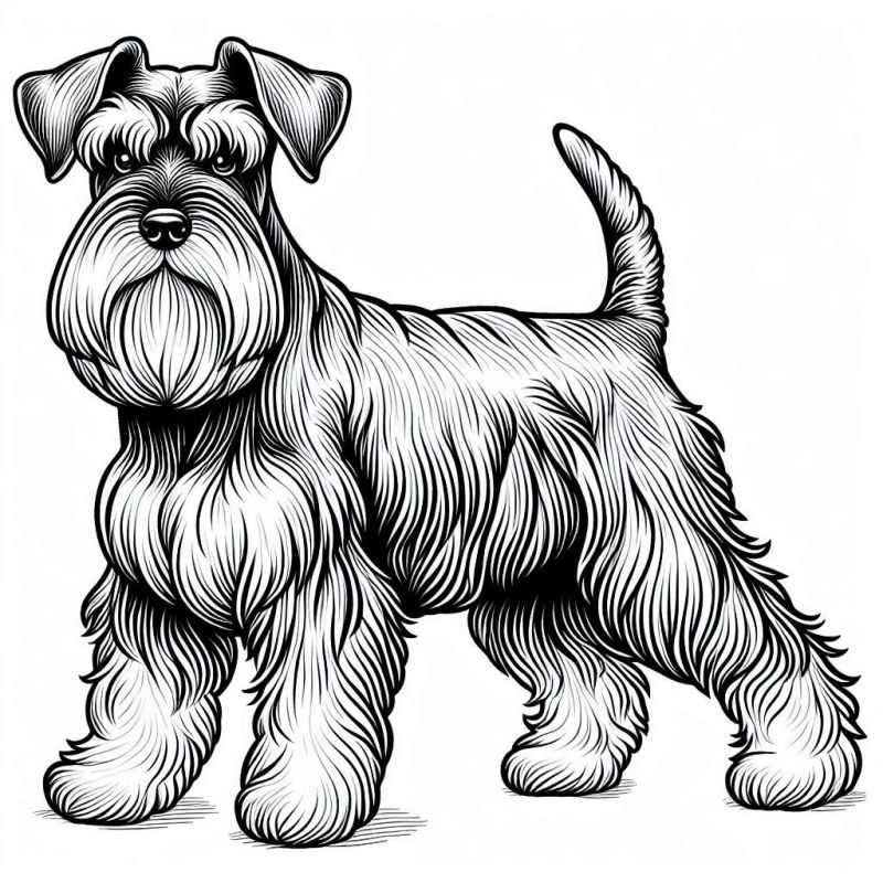 Desenho em preto e branco de um Schnauzer em pé para colorir