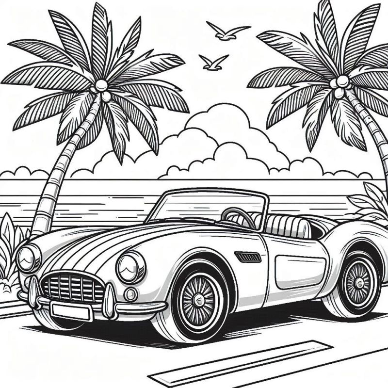 Desenho de carro conversível clássico com paisagem paradisíaca para colorir