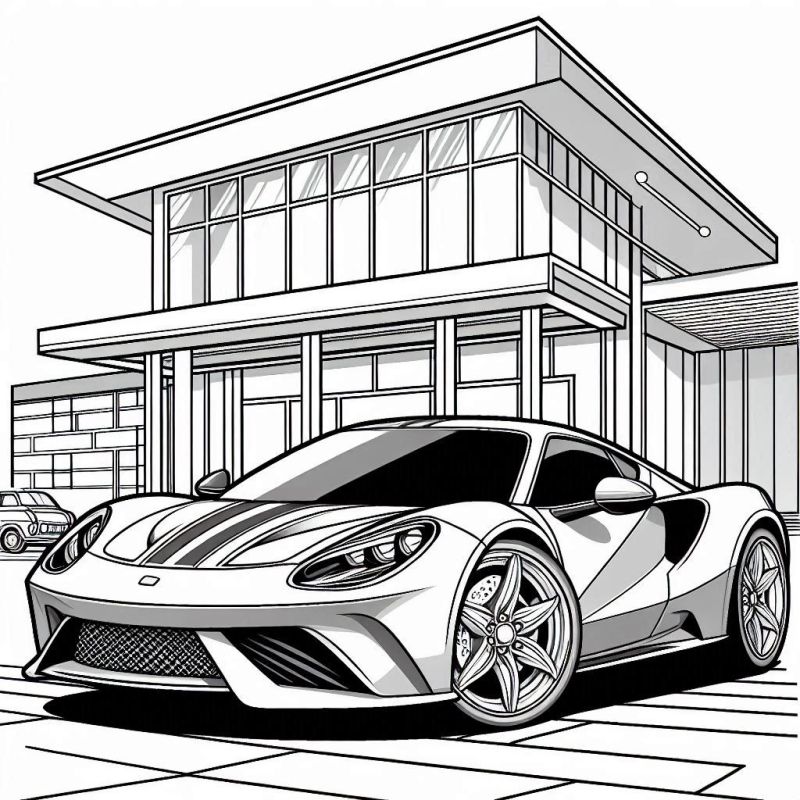 Desenho de carro esportivo moderno em frente a um edifício contemporâneo