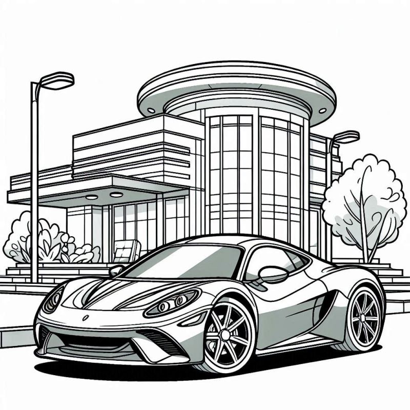 Desenho de carro esportivo futurista em frente a um edifício moderno para colorir