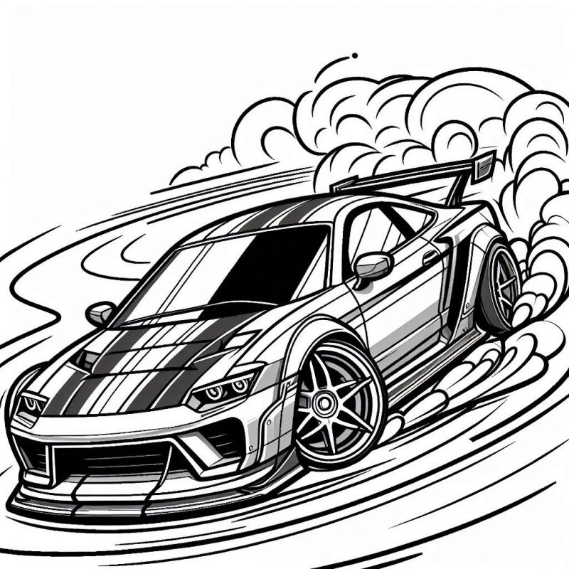 Desenho detalhado de carro esportivo em movimento para colorir