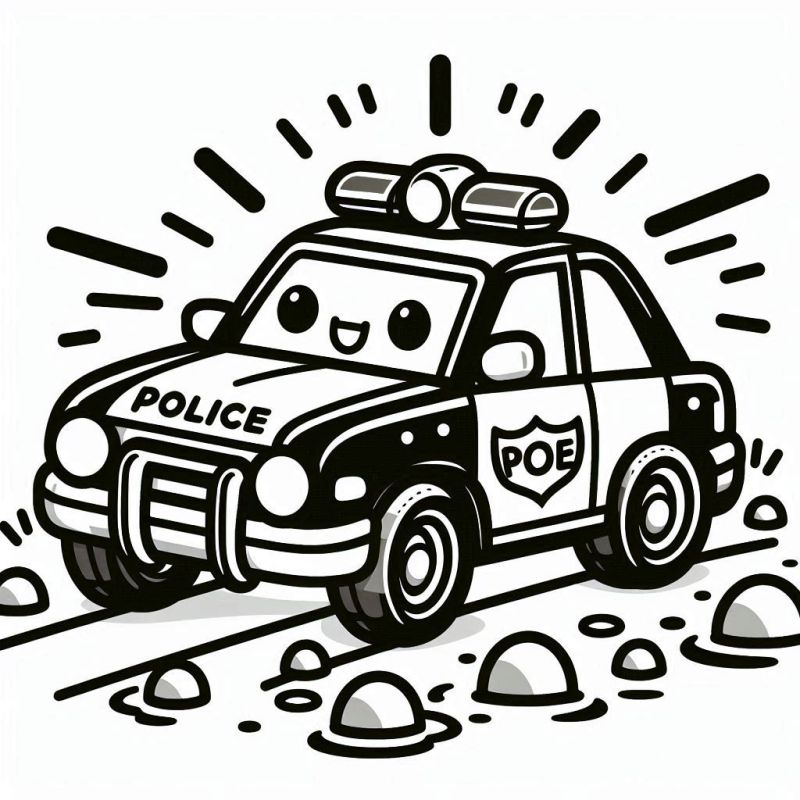 Desenho de carro de polícia fofo com olhos expressivos e sorriso para colorir