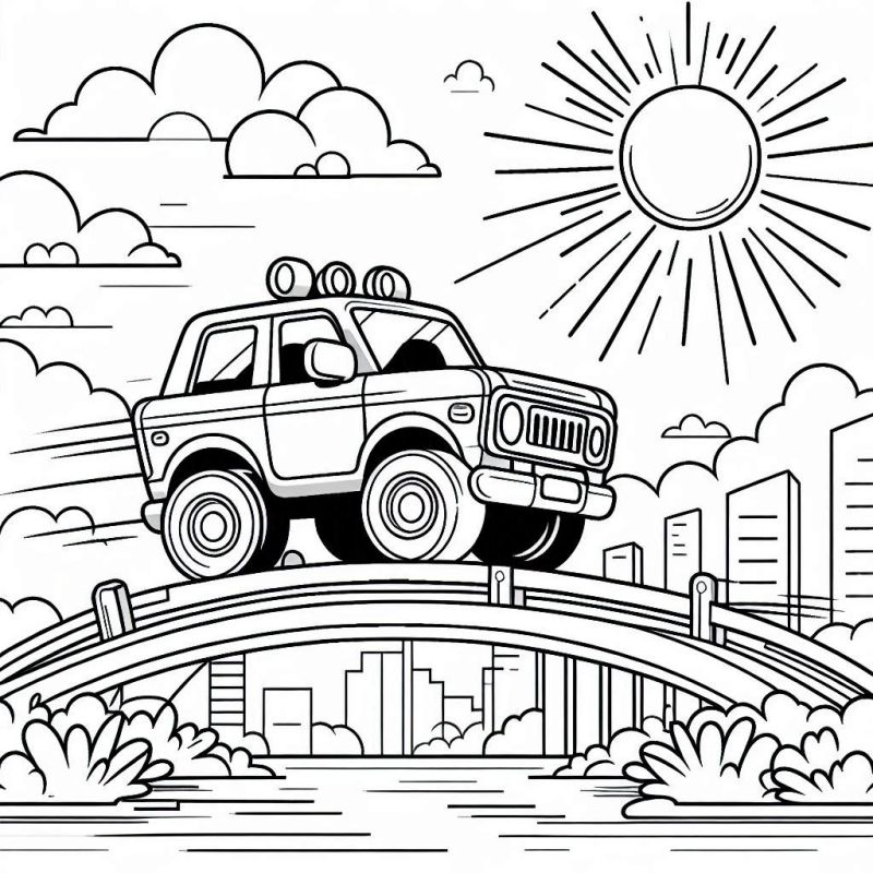 Desenho de Carro SUV Atravessando a Ponte para Colorir