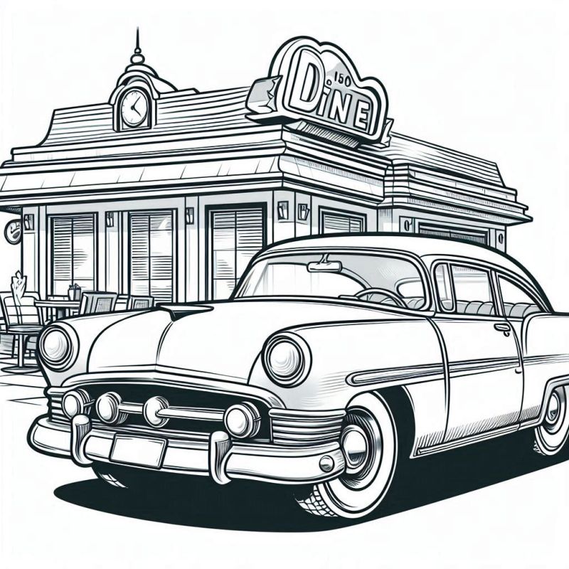 Desenho de carro vintage anos 50 em frente a um diner retro para colorir