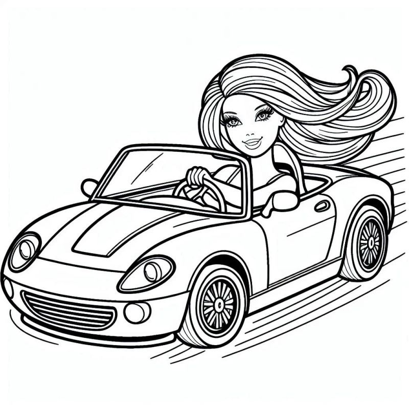 Desenho da Barbie dirigindo um carro esportivo para colorir