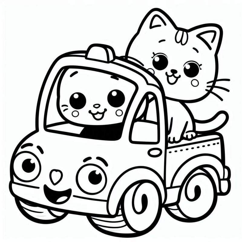 Desenho Fofo de Carro Cartunesco com Gatinhos para Colorir