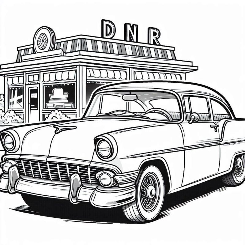 Desenho de carro clássico dos anos 1950 estacionado em frente a uma lanchonete, disponível para colorir