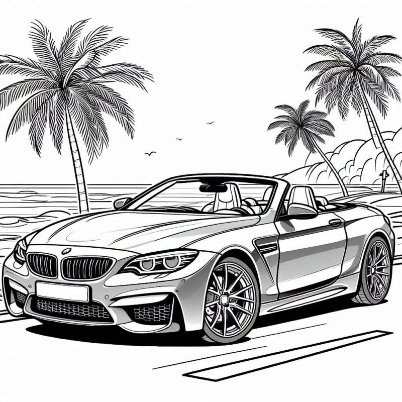 Desenho para Colorir: Carro Esportivo Conversível na Praia